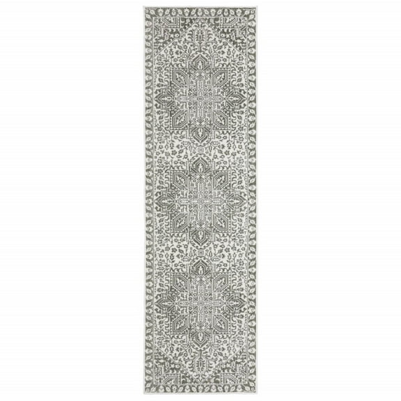 HomeRoots 2' X 8' Grey And White Oriental Power Loom Stain Resistant Runner Rug