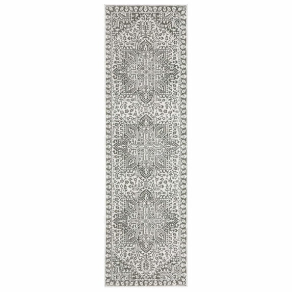 HomeRoots 507962 2 x 8 ft. Gray & White Oriental Power Loom Stain Resistant Runner Area Rug