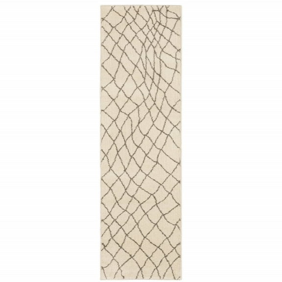 HomeRoots 2' X 8' Ivory And Grey Geometric Power Loom Stain Resistant Runner Rug