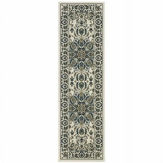HomeRoots 2' X 8' Ivory and Blue Oriental Stain Resistant Indoor Outdoor Area Rug