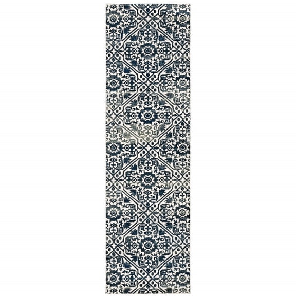 HomeRoots 2' X 8' Navy And Ivory Geometric Power Loom Stain Resistant Runner Rug