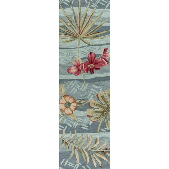 HomeRoots 2' x 7' Seafoam Tropical Leaves Runner Rug - 352389