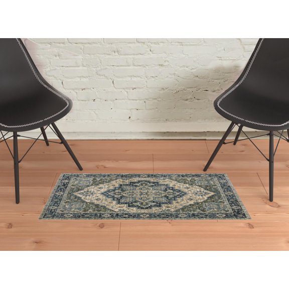 HomeRoots 508046 2 x 3 ft. Blue Gray Beige Tan Green & Gold Oriental Power Loom Stain Resistant Rectangle Area Rug with Fringe