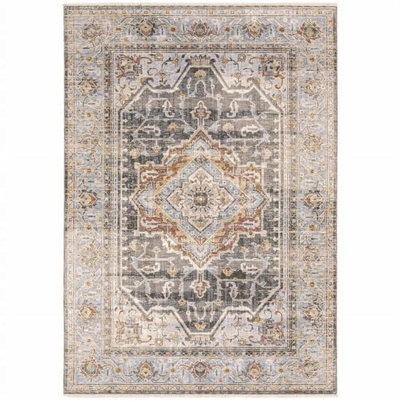 HomeRoots 2 x 3 ft. Blue Machine Woven Medallion Rectangle Indoor Area Rug - Grey