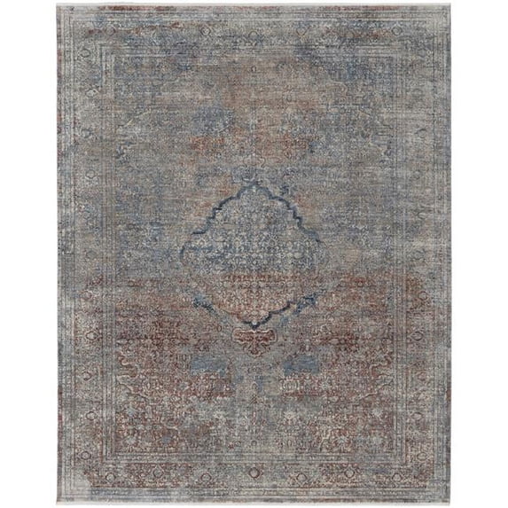 HomeRoots 2 x 3 ft. Blue Red & Gray Floral Power Loom Stain Resistant Rectangle Area Rug - Blue and Gray - 2 x 3 ft.