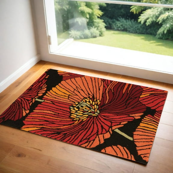 2' X 3' Black and Orange Floral Hand Hooked Area Rug