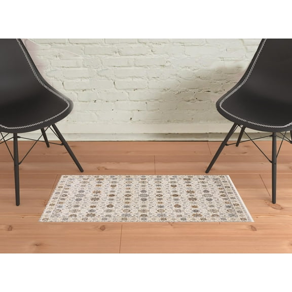 HomeRoots 2 x 3 ft. Ivory & Gold Oriental Power Loom Stain Resistant Rectangle Area Rug with Fringe