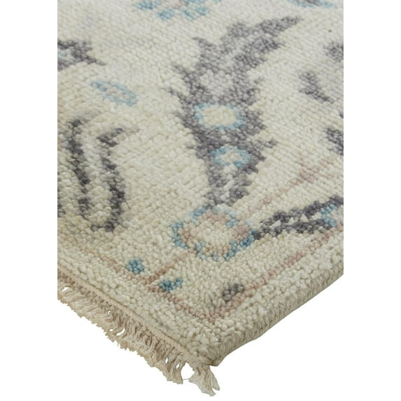 HomeRoots 2 x 3 ft. Ivory Gray & Blue Wool Floral Hand Knotted Stain Resistant Rectangle Area Rug