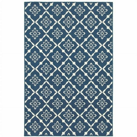 HomeRoots  2 x 3 ft. Navy Floral Stain Resistant Indoor & Outdoor Rectangle Area Rug - Blue and Ivory - 0.15in. H x 22.05in. W x 33.86in. D