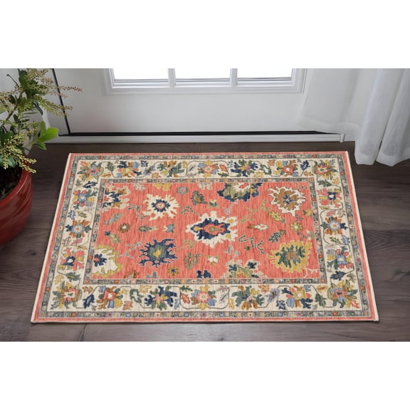 2' X 3' Salmon Blue And Yellow Oriental Area Rug With Fringe