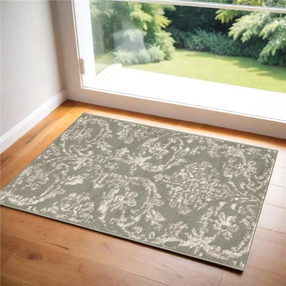 HomeRoots 552980 2 x 4 ft. Damask Distressed Rectangle Area Rug, Olive Green & Ivory