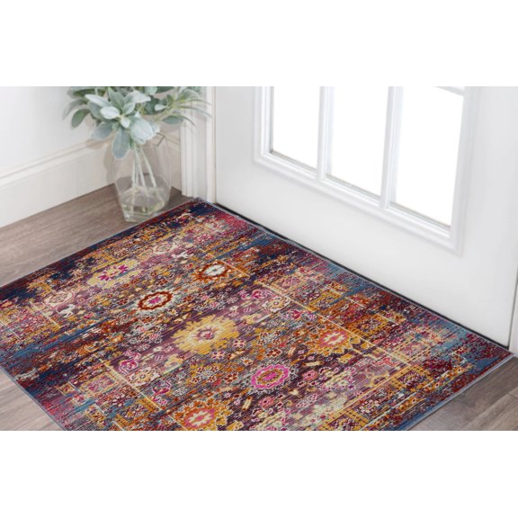2' X 4' Blue Yellow And Red Floral Distressed Area Rug