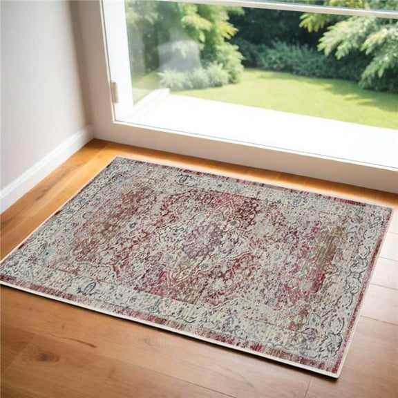 HomeRoots 552691 2 x 4 ft. Floral Distressed Rectangle Area Rug, Ivory, Red & Brown