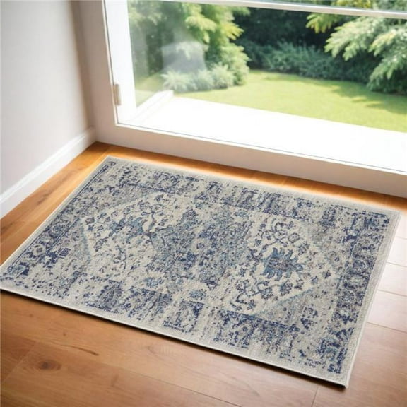 HomeRoots 553290 2 x 4 ft. Floral Medallion Distressed Rectangle Area Rug, Ivory & Light Blue