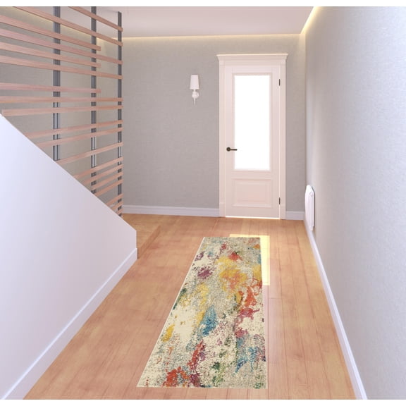 2' X 8' Ivory Abstract Power Loom Non Skid Runner Rug