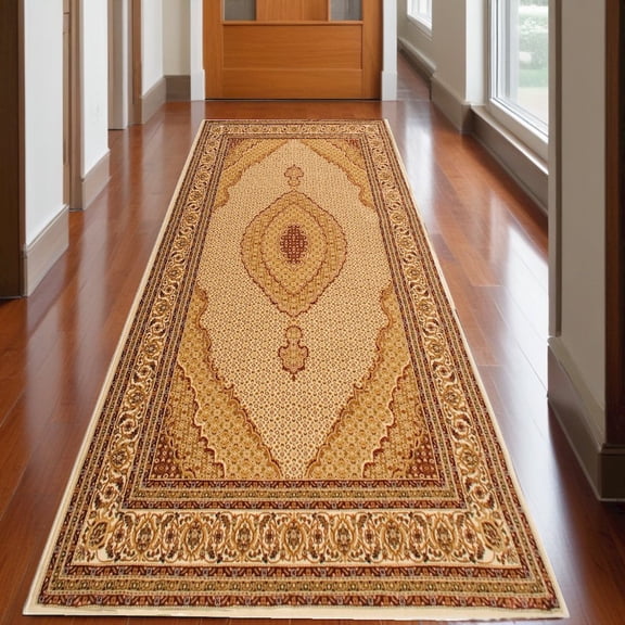 2' X 20' Cream Oriental Power Loom Stain Resistant Area Rug