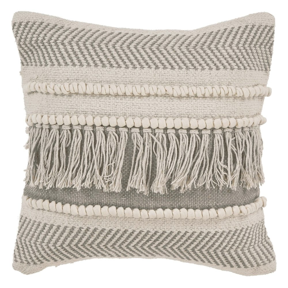 Beige and Ivory Chevron Cotton 20" Square Pillow with Fringe