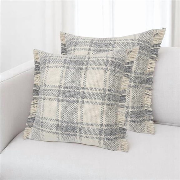 HomeRoots 588377 20 in. Off White & Gray Plaid Cotton Throw Pillows with Fringe - Set of 2