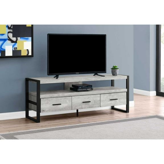 21.75" Grey Particle Board Hollow Core & Black Metal TV Stand with 3 Drawers