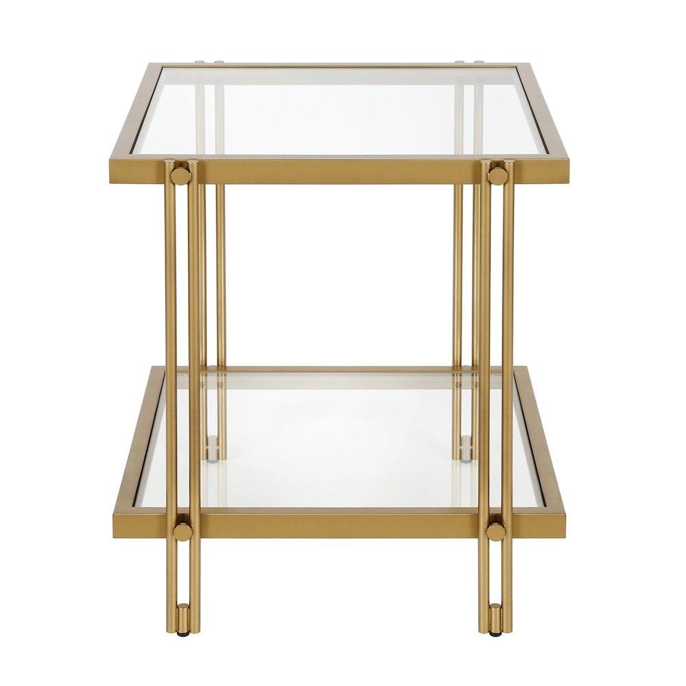 Contemporary Brass and Clear Glass Square End Table with Shelf