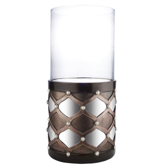 22" Bronze and Silver with Pearls Tabletop Hurricane Candle Holder