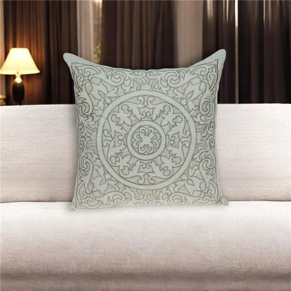 HomeRoots 529237 22 in. Beige & Green Damask Linen Blend Throw Pillow with Embroidery & Applique