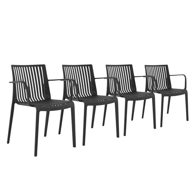 HomeRoots 565274 22 in. Black Heavy Duty Plastic Outdoor Stacking Arm Chairs - Set of 4