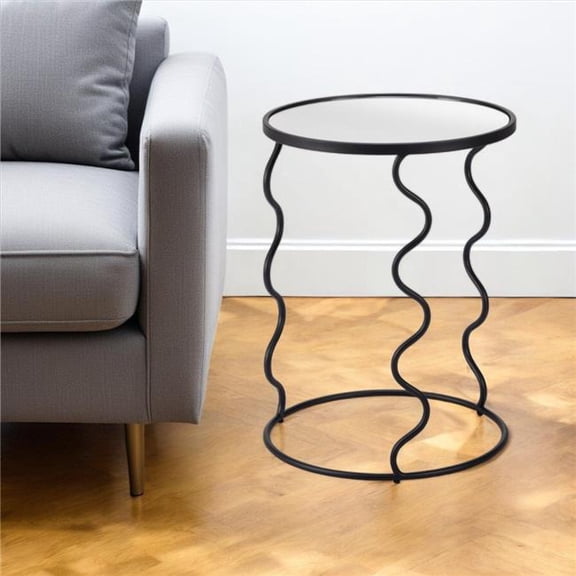 HomeRoots 556527 24 in. Black Mirrored Glass & Steel Round Abstract End Table