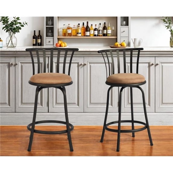 HomeRoots 568247 24 in. Brown & Black Microfiber & Metal Low Back Counter Height Swivel Bar Chairs - Set of 2