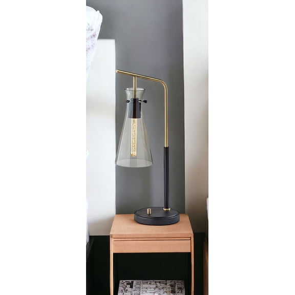 HomeRoots 524629 24 in. Metal Cylinder Desk Table Lamp with Gray Cone Shade, Black & Gold