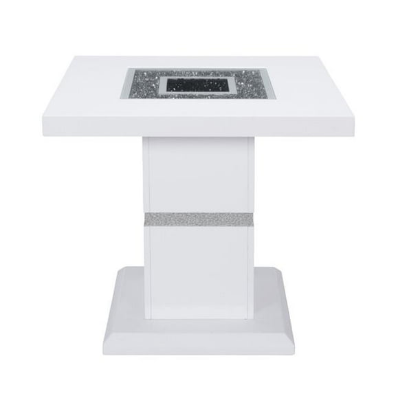 HomeRoots 560100 24 in. White & Silver Glass & Wood Faux Crystal Bling Square Pedestal End Table