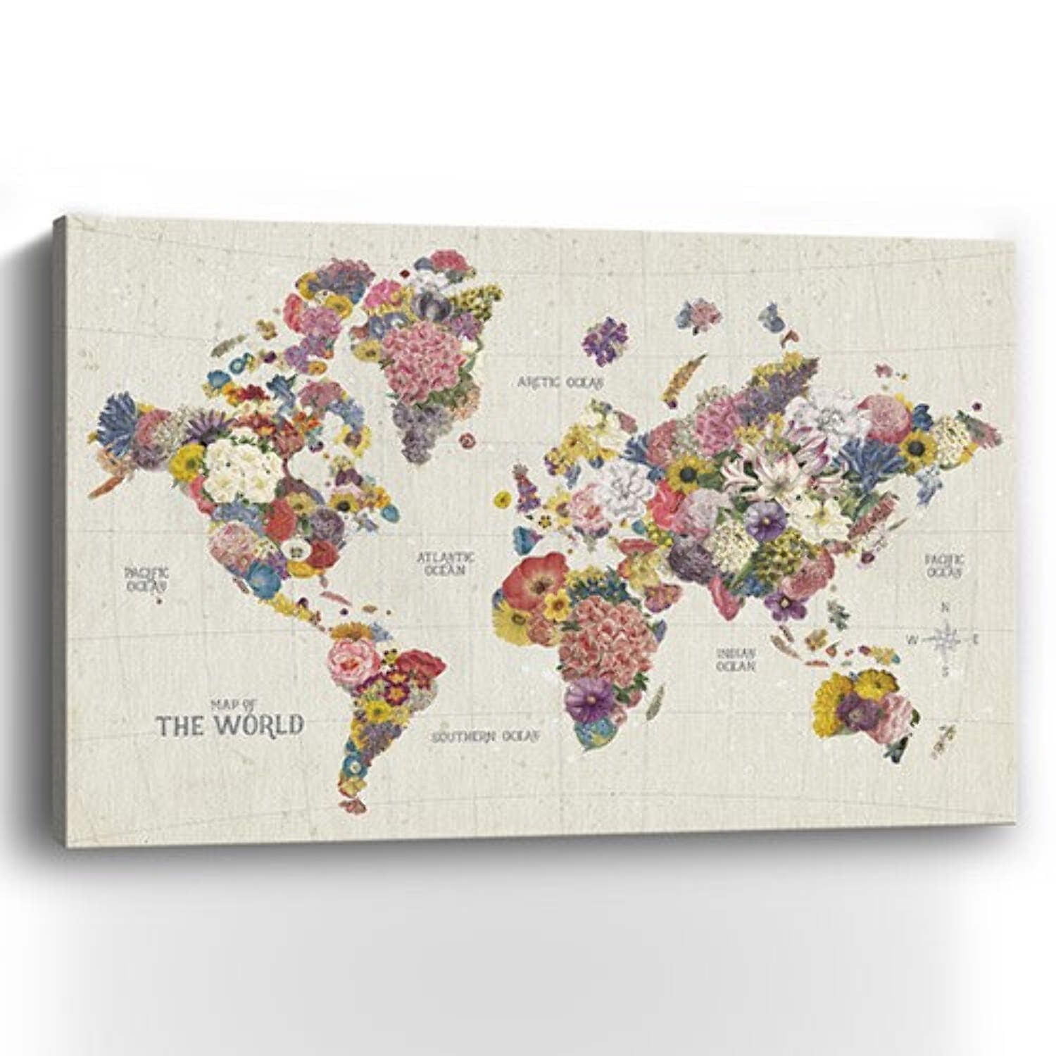 24" x 16" Multicolor Floral World Map Canvas Print