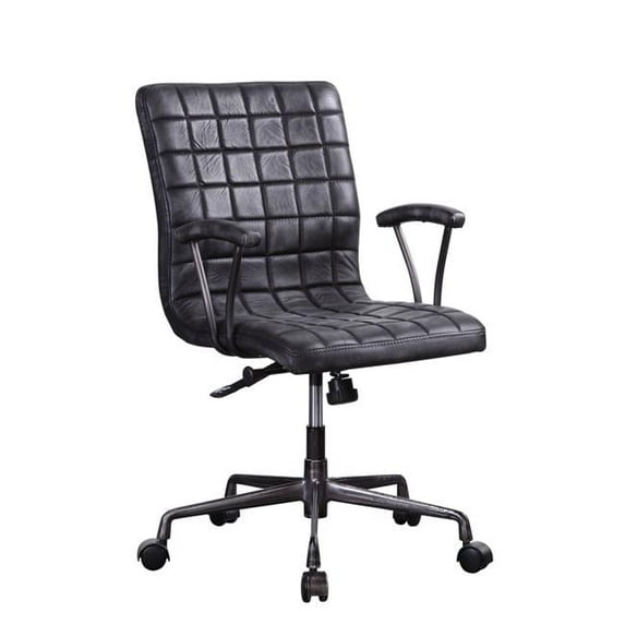 HomeRoots 347518 24 x 25 x 36 in. Vintage Black Top Grain Leather Aluminum Metal Upholstered Seat Casters Engineered Wood Executive Office Chair
