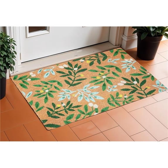 HomeRoots 632331 24 x 36 in. Natural & Green Botanical Leaves Outdoor Coir Door Mat