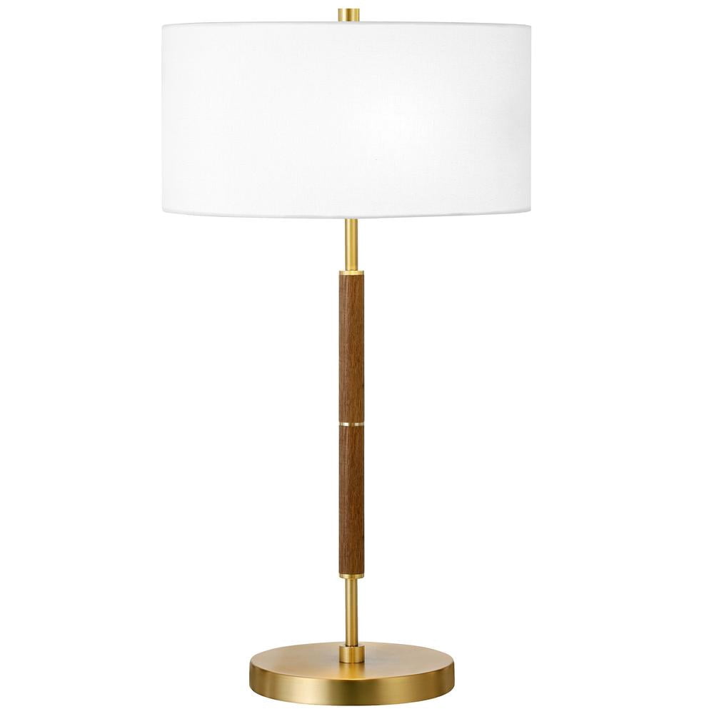 HomeRoots 25" Gold and Oak Metal Two Light Table Lamp With White Drum Shade