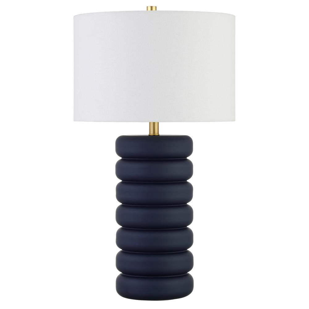 HomeRoots 25" Navy Blue Ceramic Table Lamp With White Drum Shade