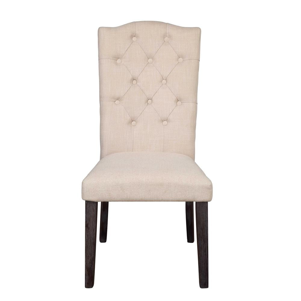 High-Back Beige Linen & Weathered Espresso Wood Side Chair Set