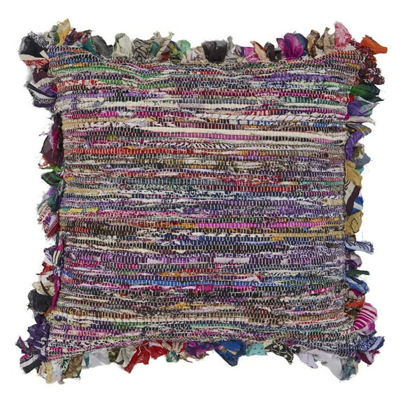 HomeRoots 26" X 26" Blue And Red Weave Zippered Pillow With Fringe