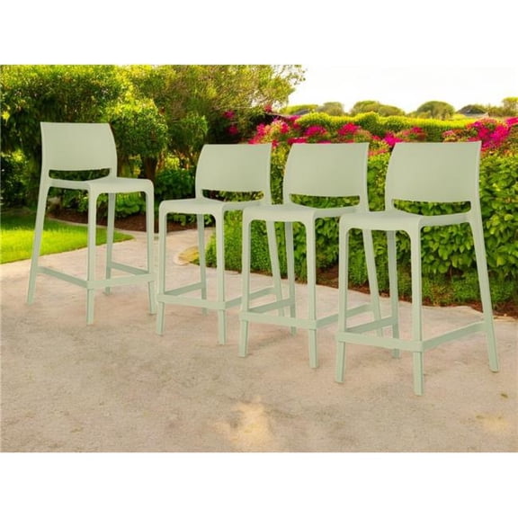 HomeRoots 565369 26 in. Green Heavy Duty Plastic Low Back Outdoor Counter Height Bar Chairs - Set of 4
