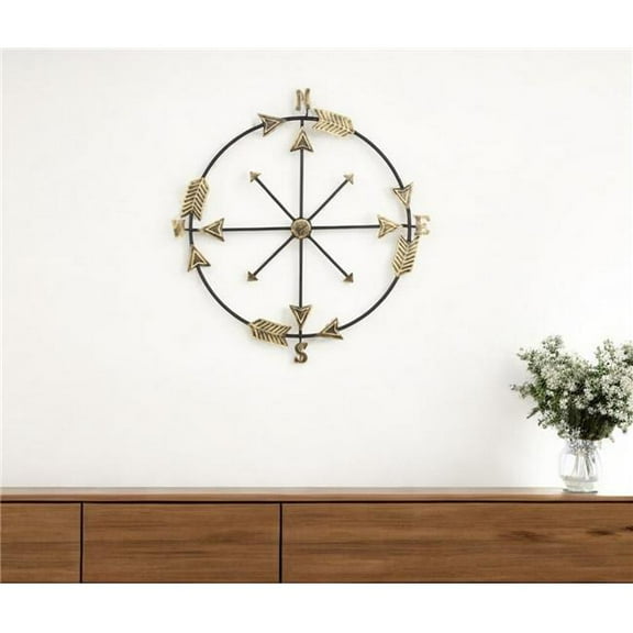 HomeRoots 483324 26 x 25 in. Brass & Black Metal Distressed Compass Wall Decor