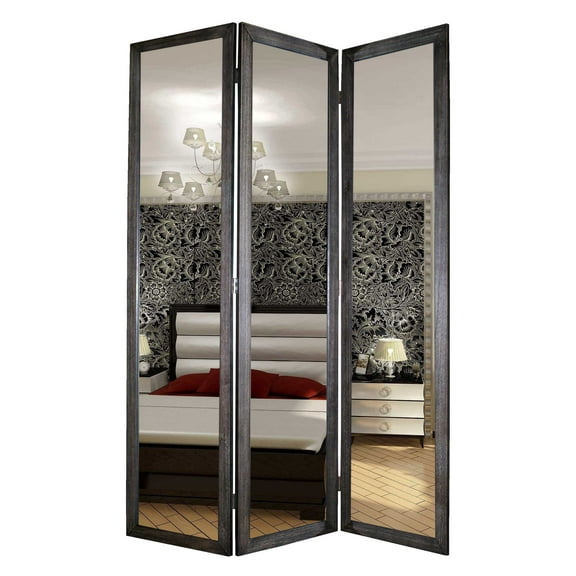 1" x 50" x 69" Black Glass & Wood Mirror Screen