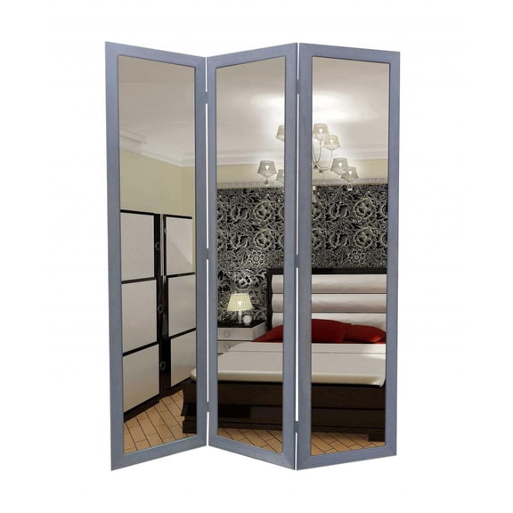 HomeRoots 274679 1 x 50 x 69 in. Glass & Wood Mirror Screen, Gray