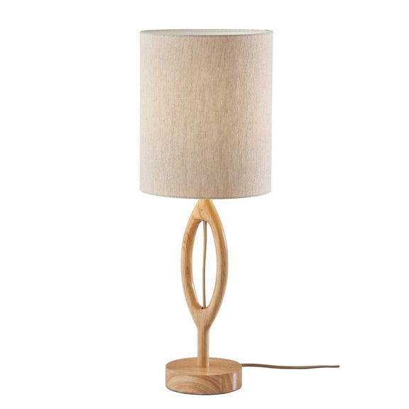 28" Natural Solid Wood Round Table Lamp With Beige Drum Shade