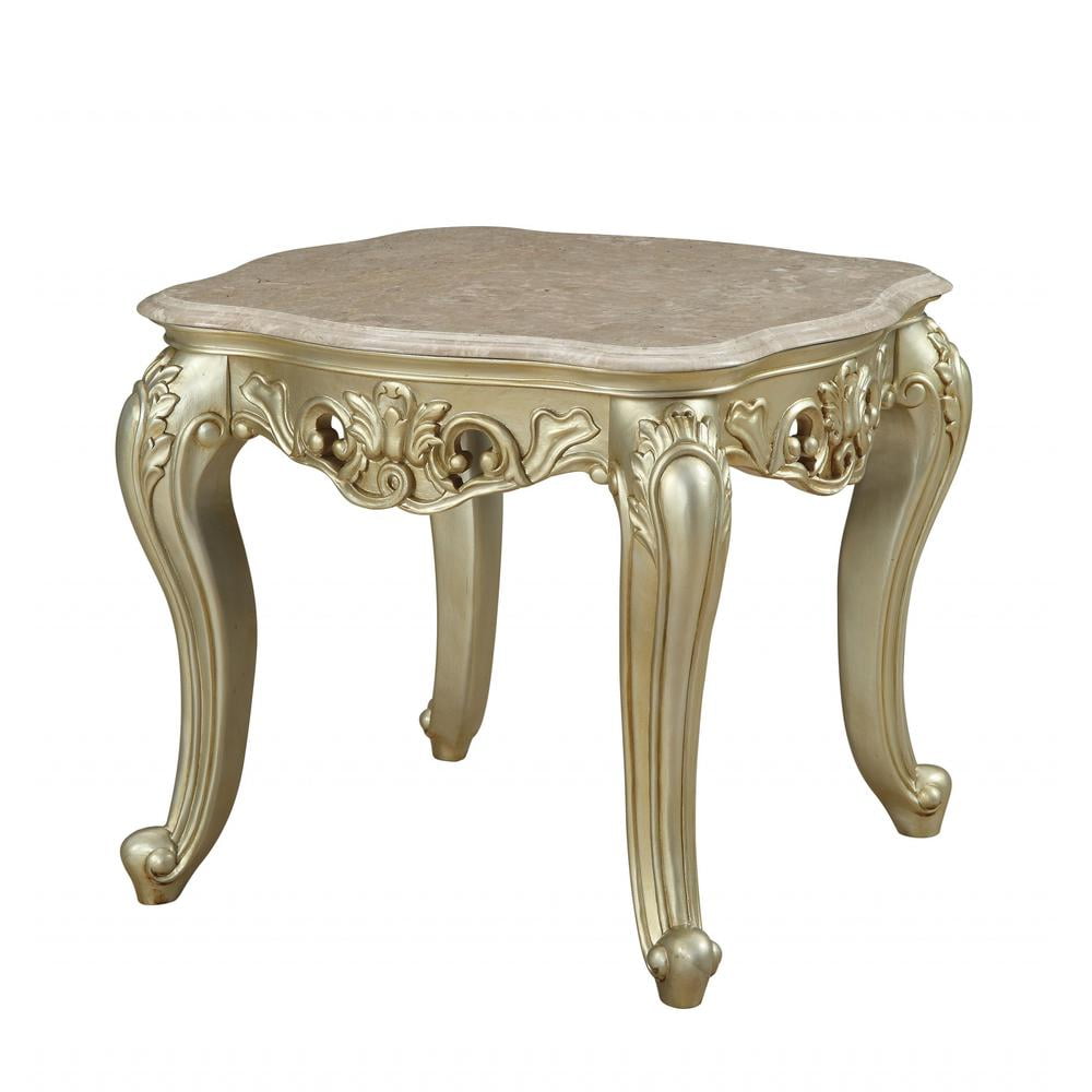 Antique White Marble and Wood End Table with Carved Floral Motifs