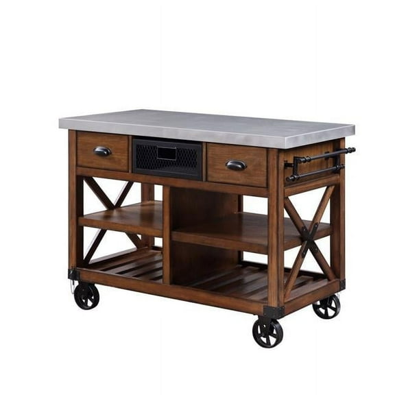 HomeRoots 285820 48 in. Brown & Silver Rolling Kitchen Cart with Storage