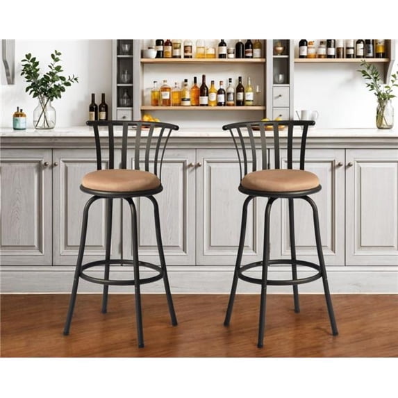 HomeRoots 568248 29 in. Brown & Black Microfiber & Metal Low Back Bar Height Swivel Bar Chairs - Set of 2