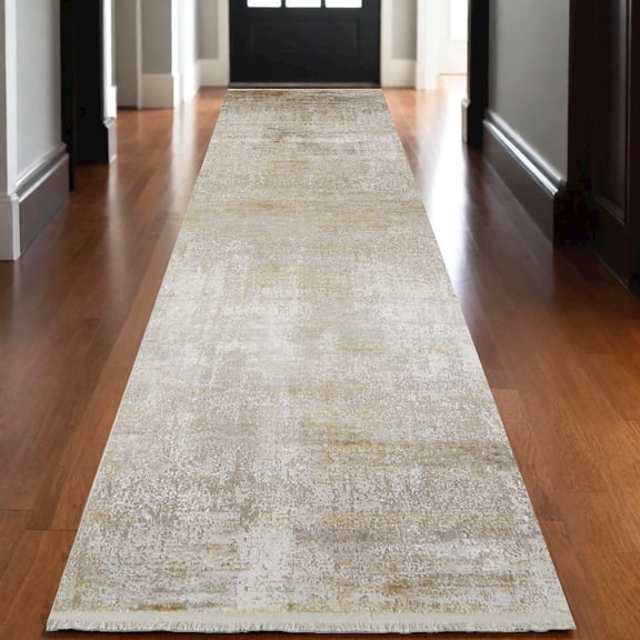 HomeRoots 3' X 10' Taupe Ivory And Gold Abstract Runner Rug With Fringe
