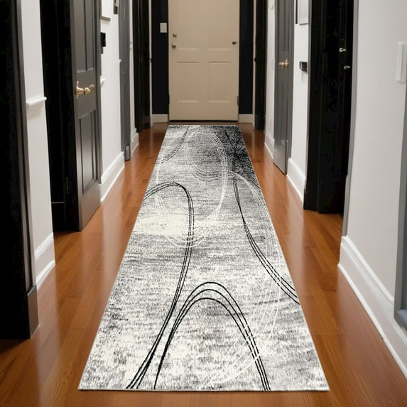 3' X 20' Grey Abstract Power Loom Stain Resistant Area Rug