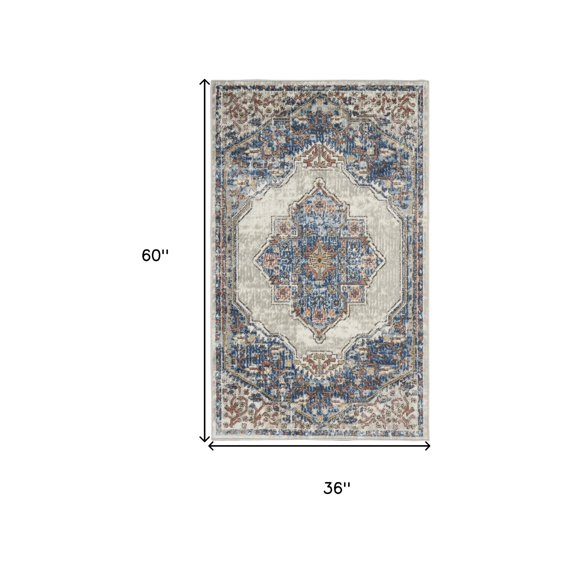 3' X 5' Blue And Grey Oriental Power Loom Non Skid Area Rug