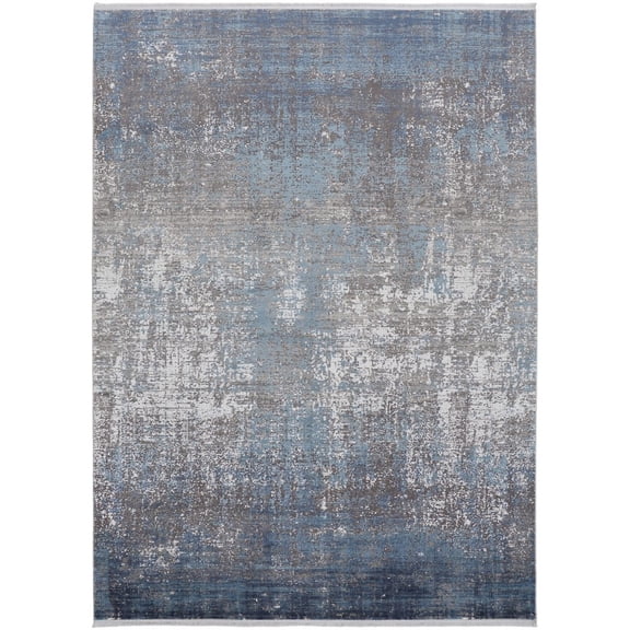 3' X 5' Blue Gray And Silver Abstract Power Loom Distressed Area Rug With Fringe